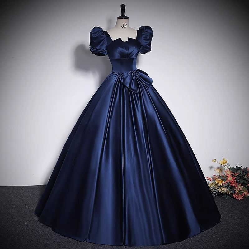 Short Puff Sleeve Square Neck Plain Bow Satin A-Line Evening Gown