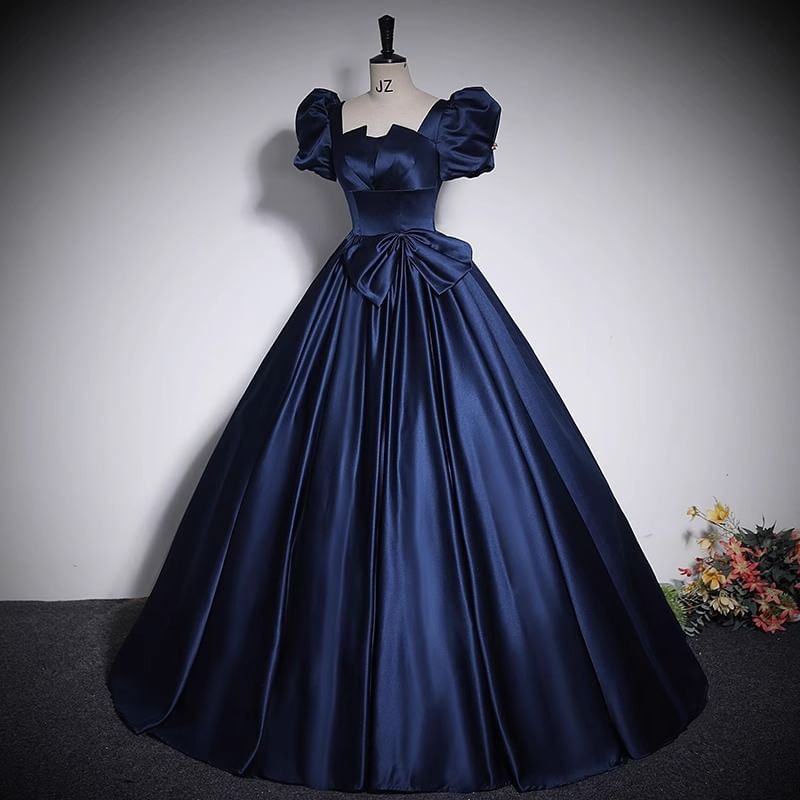 Short Puff Sleeve Square Neck Plain Bow Satin A-Line Evening Gown