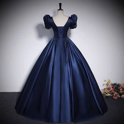 Short Puff Sleeve Square Neck Plain Bow Satin A-Line Evening Gown