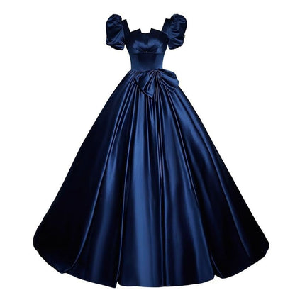 Short Puff Sleeve Square Neck Plain Bow Satin A-Line Evening Gown