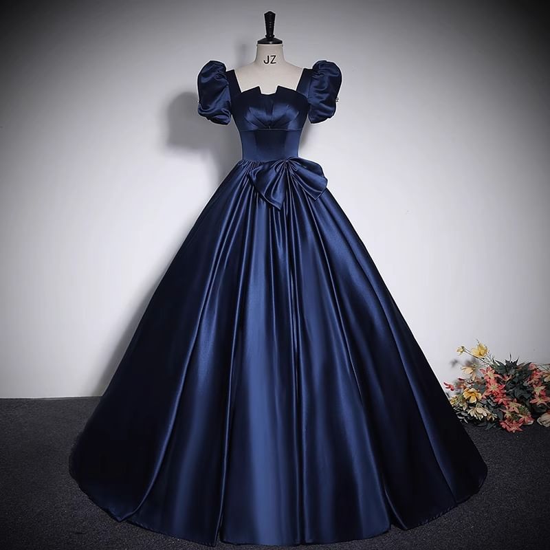 Short Puff Sleeve Square Neck Plain Bow Satin A-Line Evening Gown