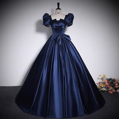 Short Puff Sleeve Square Neck Plain Bow Satin A-Line Evening Gown