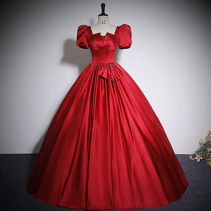 Short Puff Sleeve Square Neck Plain Bow Satin A-Line Evening Gown