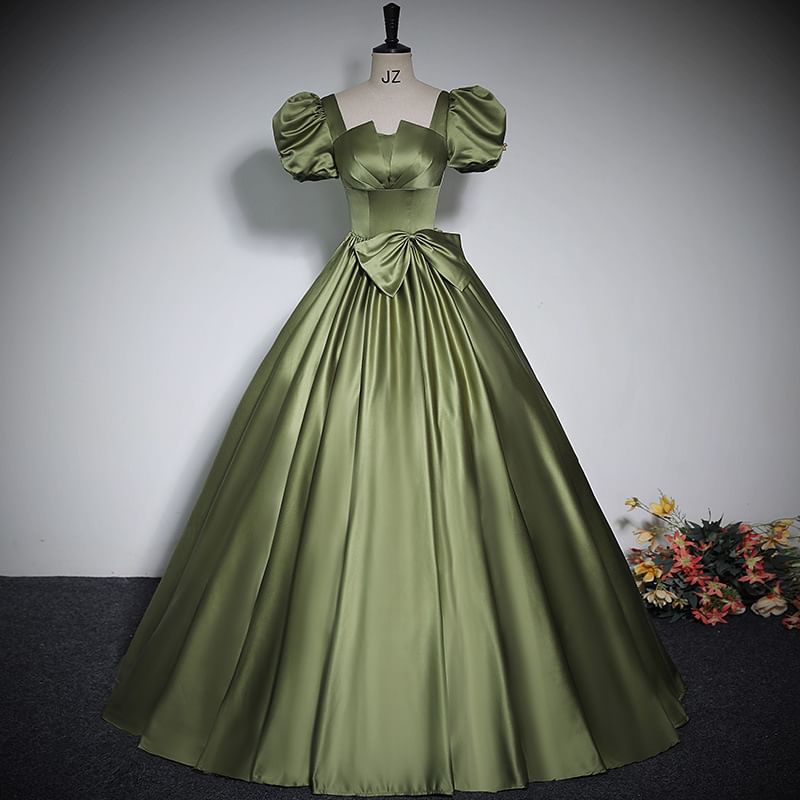 Short Puff Sleeve Square Neck Plain Bow Satin A-Line Evening Gown