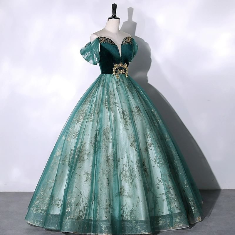 Short Sleeve Off Shoulder  Beaded Velvet Panel Mesh A-Line Evening Gown