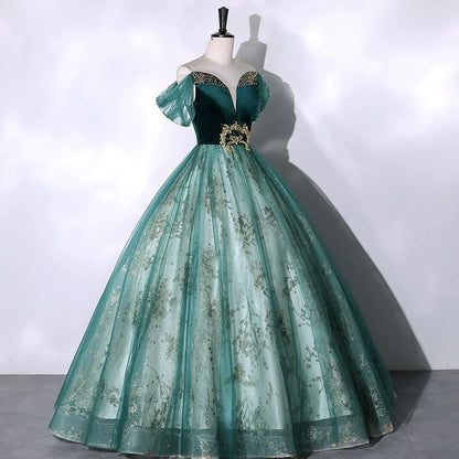 Short Sleeve Off Shoulder  Beaded Velvet Panel Mesh A-Line Evening Gown