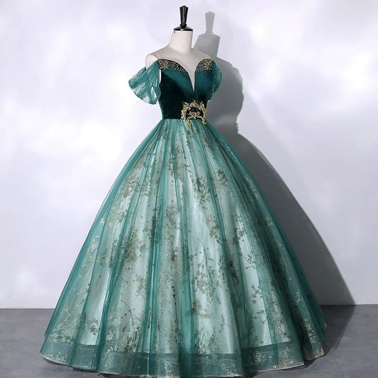 Short Sleeve Off Shoulder  Beaded Velvet Panel Mesh A-Line Evening Gown