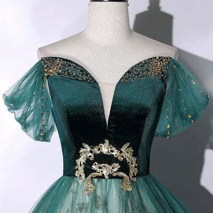 Short Sleeve Off Shoulder  Beaded Velvet Panel Mesh A-Line Evening Gown