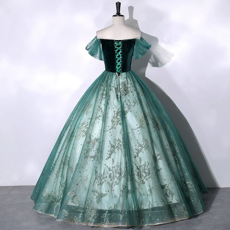 Short Sleeve Off Shoulder  Beaded Velvet Panel Mesh A-Line Evening Gown