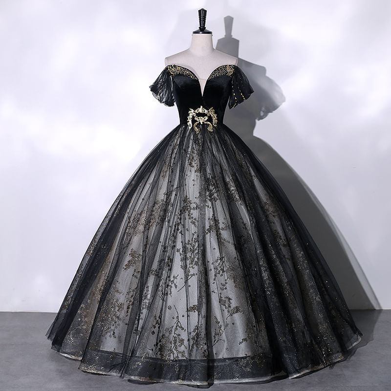 Short Sleeve Off Shoulder  Beaded Velvet Panel Mesh A-Line Evening Gown