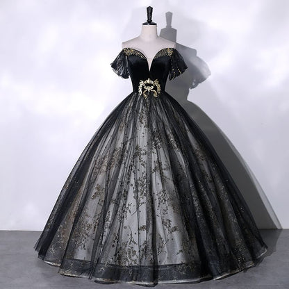Short Sleeve Off Shoulder  Beaded Velvet Panel Mesh A-Line Evening Gown
