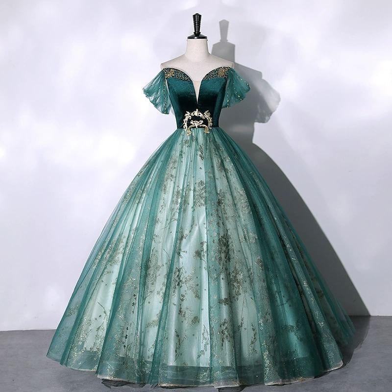Short Sleeve Off Shoulder  Beaded Velvet Panel Mesh A-Line Evening Gown