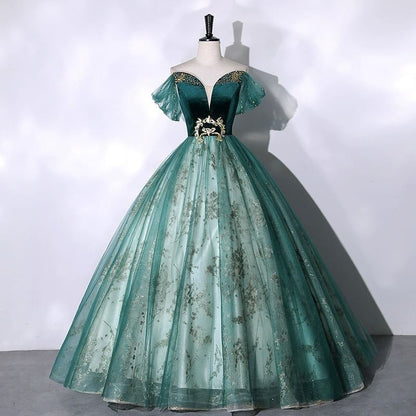 Short Sleeve Off Shoulder  Beaded Velvet Panel Mesh A-Line Evening Gown