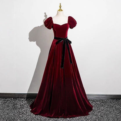 Short Puff Sleeve Sweetheart Neck Bow Velvet A-Line Evening Gown