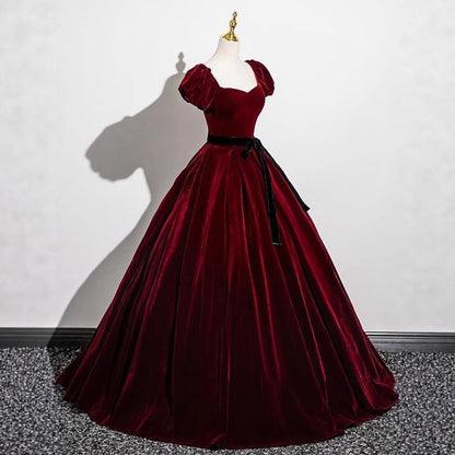 Short Puff Sleeve Sweetheart Neck Bow Velvet A-Line Evening Gown