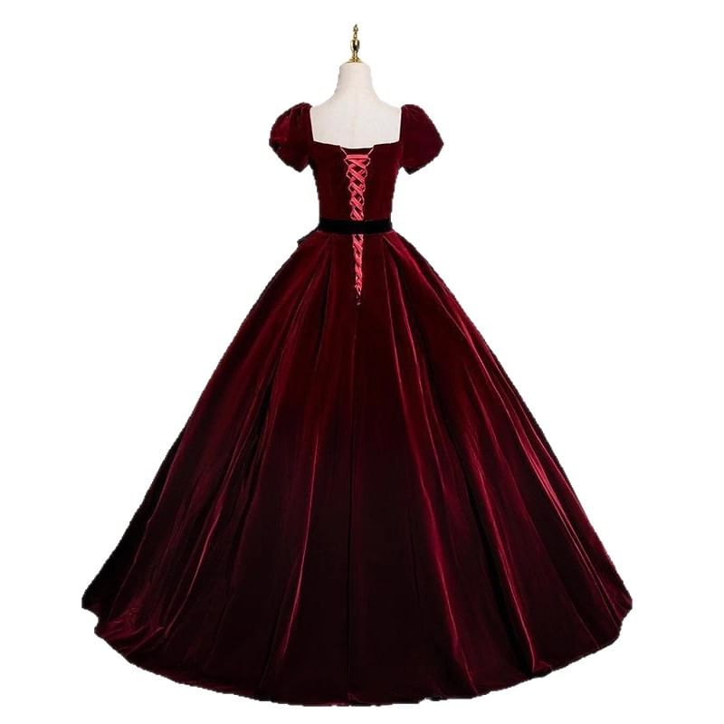 Short Puff Sleeve Sweetheart Neck Bow Velvet A-Line Evening Gown