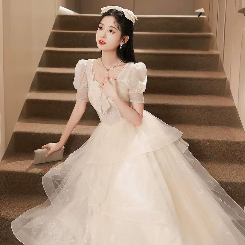 Short Sleeve Sweetheart Neck Patterned Print Bow Ruffle Mesh A-Line Evening Gown