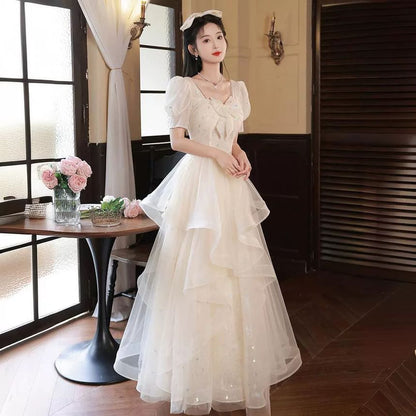 Short Sleeve Sweetheart Neck Patterned Print Bow Ruffle Mesh A-Line Evening Gown