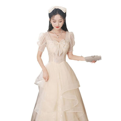 Short Sleeve Sweetheart Neck Patterned Print Bow Ruffle Mesh A-Line Evening Gown