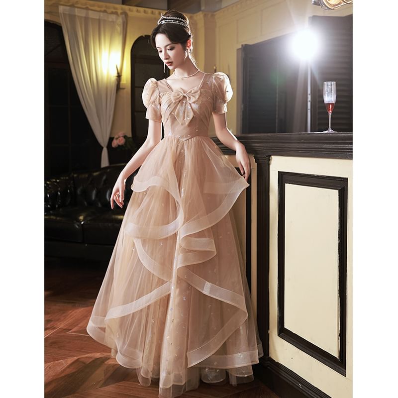 Short Sleeve Sweetheart Neck Patterned Print Bow Ruffle Mesh A-Line Evening Gown