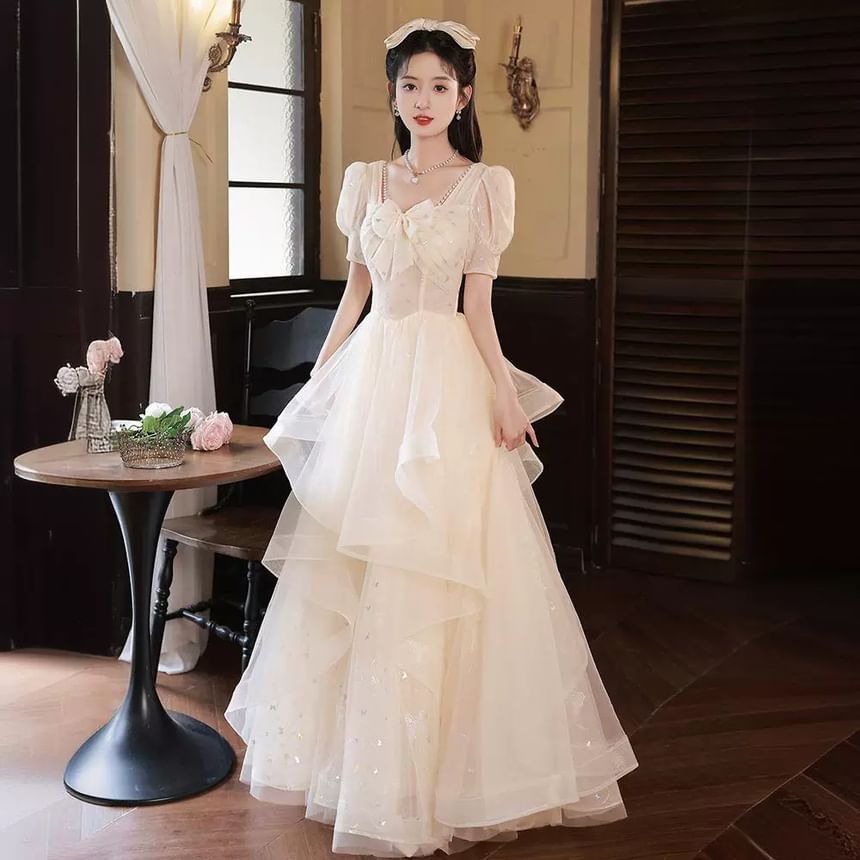 Short Sleeve Sweetheart Neck Patterned Print Bow Ruffle Mesh A-Line Evening Gown