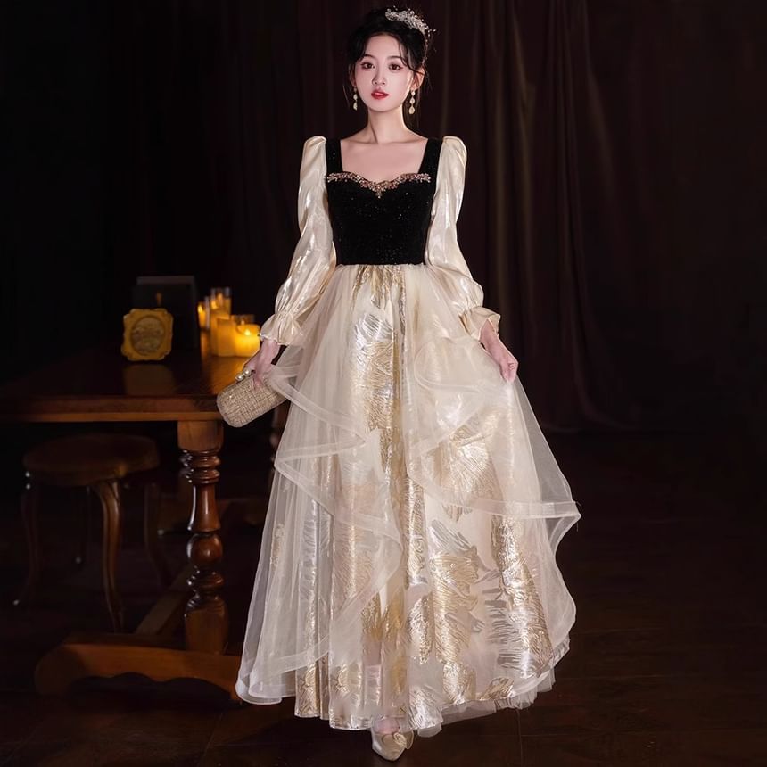 Long Sleeve Sweetheart Neck Rhinestone Ruffle Velvet Panel Mesh A-Line Evening Gown