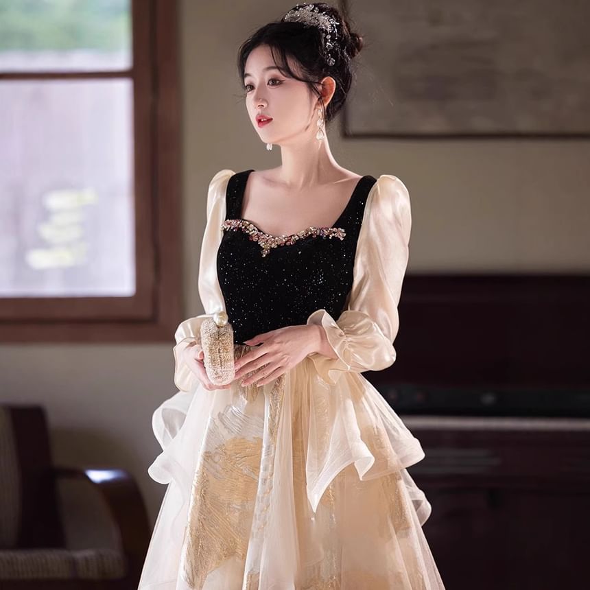 Long Sleeve Sweetheart Neck Rhinestone Ruffle Velvet Panel Mesh A-Line Evening Gown