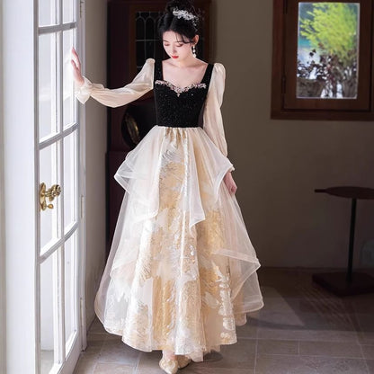 Long Sleeve Sweetheart Neck Rhinestone Ruffle Velvet Panel Mesh A-Line Evening Gown