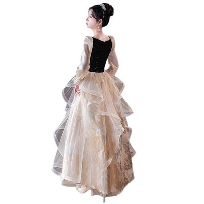 Long Sleeve Sweetheart Neck Rhinestone Ruffle Velvet Panel Mesh A-Line Evening Gown