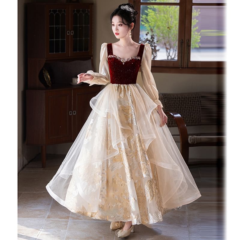 Long Sleeve Sweetheart Neck Rhinestone Ruffle Velvet Panel Mesh A-Line Evening Gown