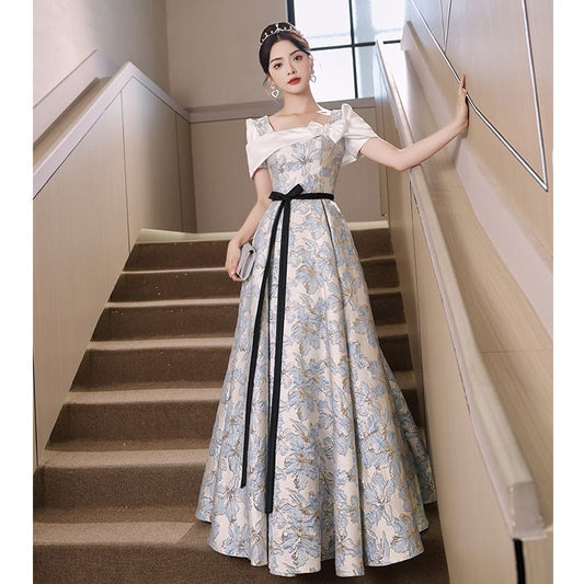 Short Sleeve Square Neck Bow Panel Jacquard A-Line Evening Gown