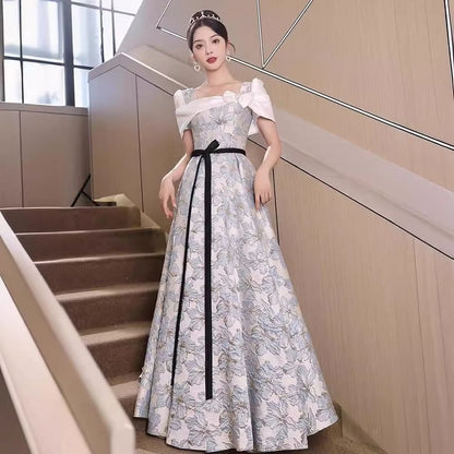 Short Sleeve Square Neck Bow Panel Jacquard A-Line Evening Gown