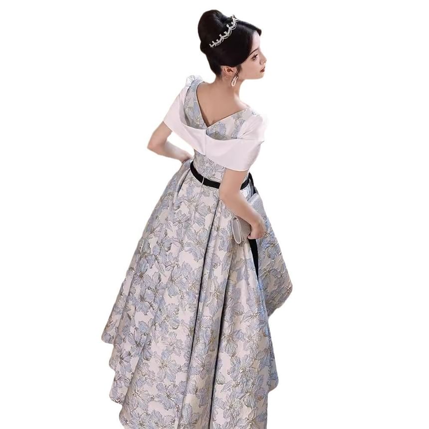 Short Sleeve Square Neck Bow Panel Jacquard A-Line Evening Gown