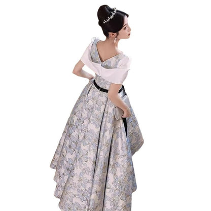 Short Sleeve Square Neck Bow Panel Jacquard A-Line Evening Gown