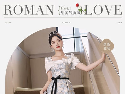 Short Sleeve Square Neck Bow Panel Jacquard A-Line Evening Gown