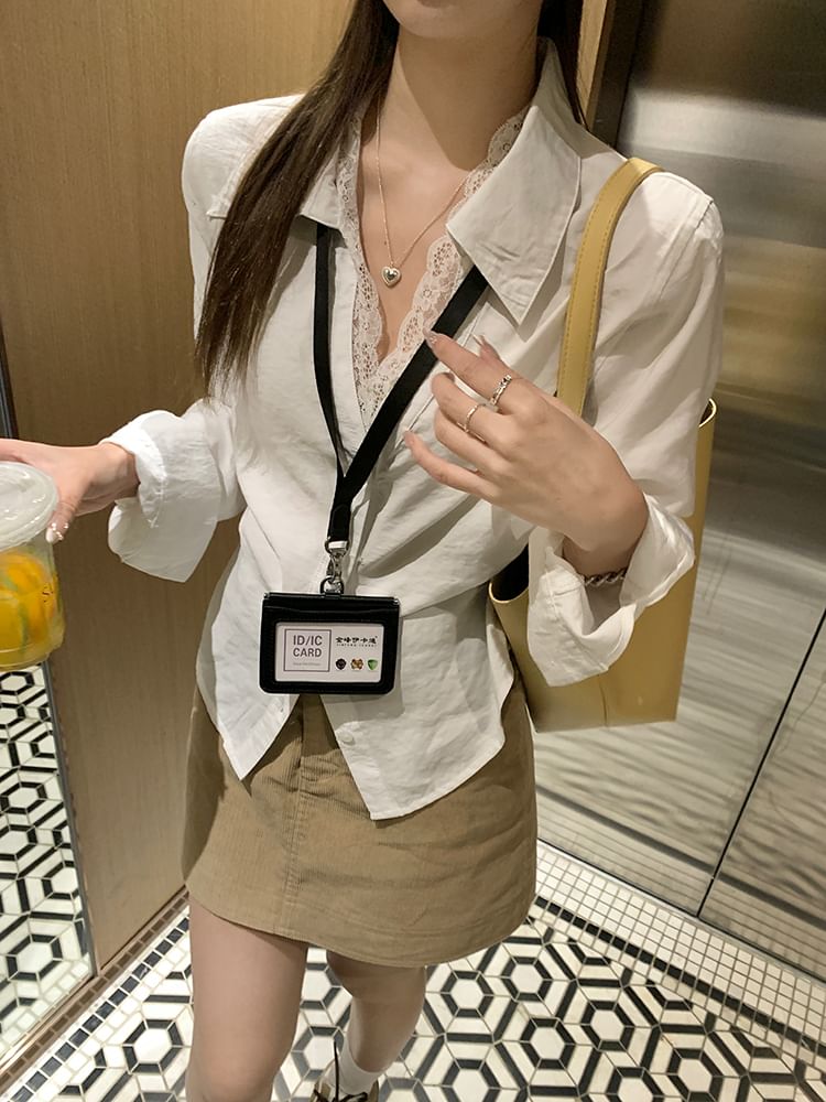 Delicate Lace Trim Long-Sleeve Solid Shirt