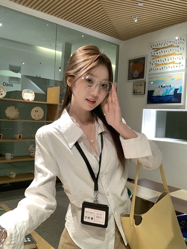 Delicate Lace Trim Long-Sleeve Solid Shirt