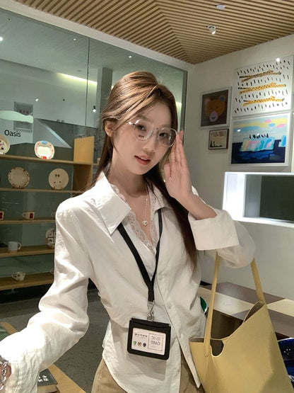 Delicate Lace Trim Long-Sleeve Solid Shirt