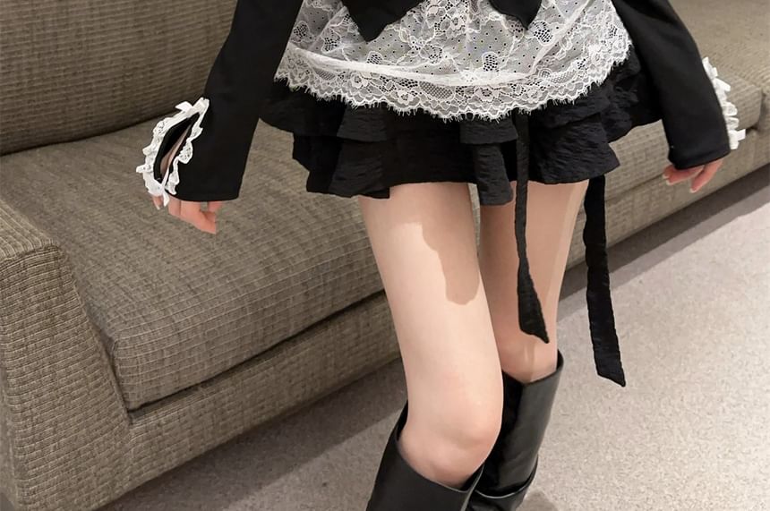 Scoop Neck Lace Panel Mock Two-Piece Long-Sleeve Top
