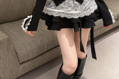 Scoop Neck Lace Panel Mock Two-Piece Long-Sleeve Top