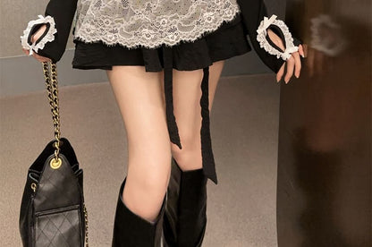 Scoop Neck Lace Panel Mock Two-Piece Long-Sleeve Top