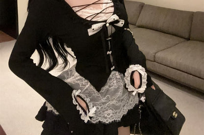 Scoop Neck Lace Panel Mock Two-Piece Long-Sleeve Top