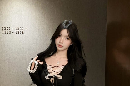 Scoop Neck Lace Panel Mock Two-Piece Long-Sleeve Top