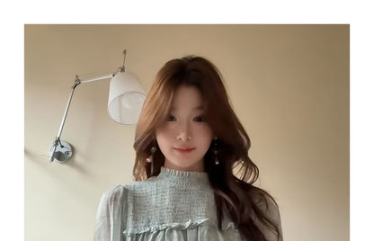Elegant Smocked Mock Neck Long-Sleeve Blouse
