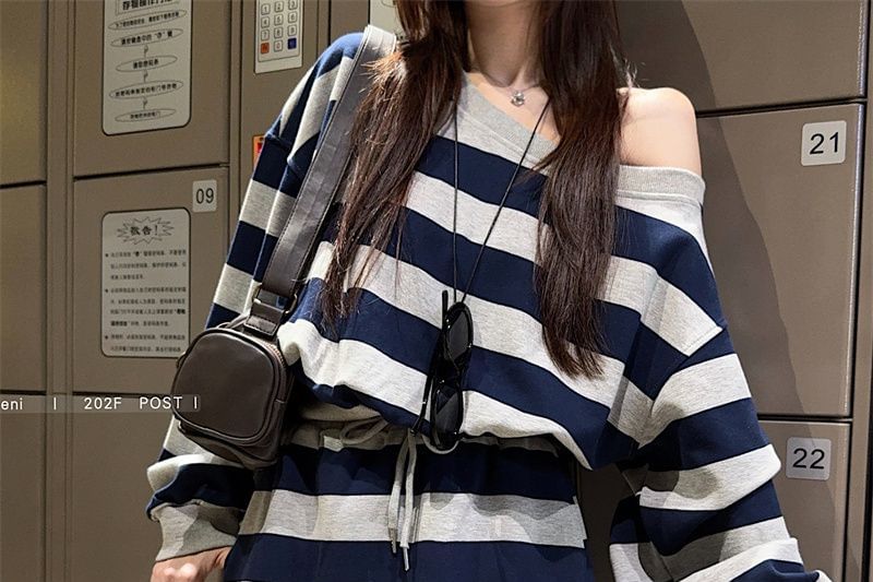 Striped Off-Shoulder Pullover with Matching Mini Skirt Set