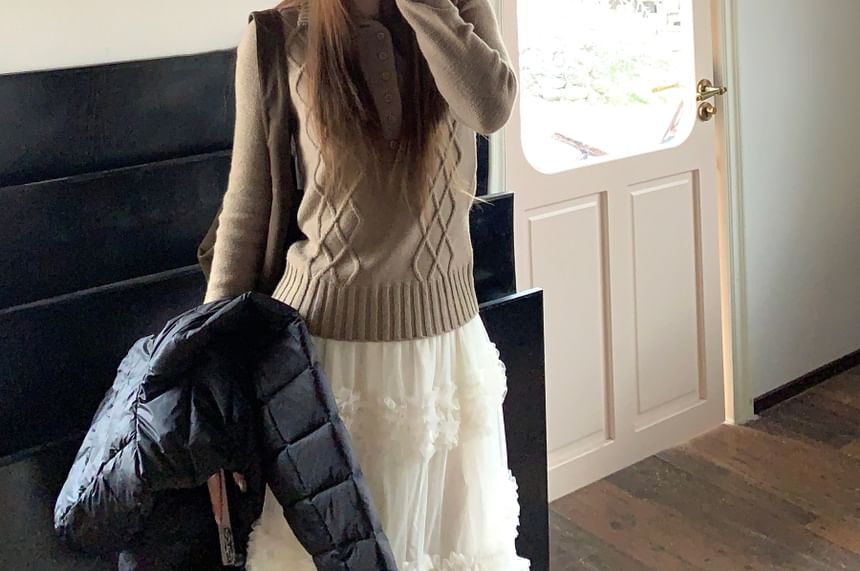 Slim-Fit Cable Knit Half-Button Collared Long-Sleeve Top