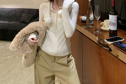 Slim-Fit Cable Knit Half-Button Collared Long-Sleeve Top