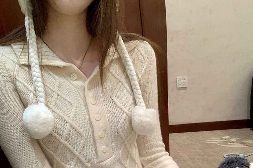 Slim-Fit Cable Knit Half-Button Collared Long-Sleeve Top