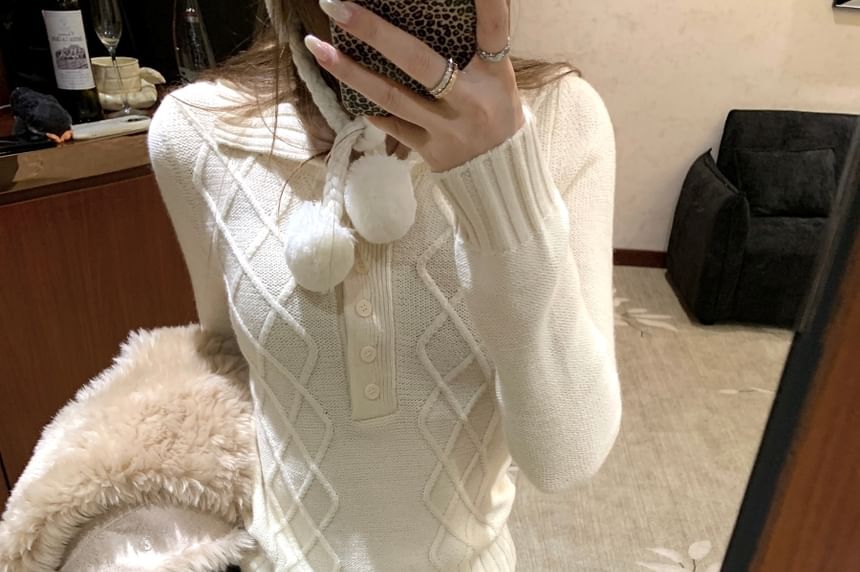 Slim-Fit Cable Knit Half-Button Collared Long-Sleeve Top