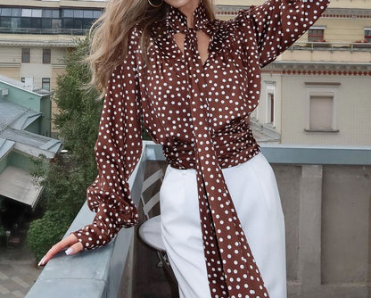Dotted Tie-Neck Long-Sleeve Blouse